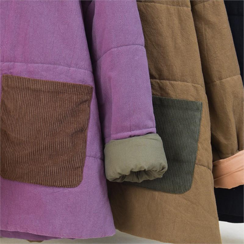 Johnature Women Vintage Patchwork Color Button Pockets Warm Winter Stand Coats Long Sleeve Female Coats