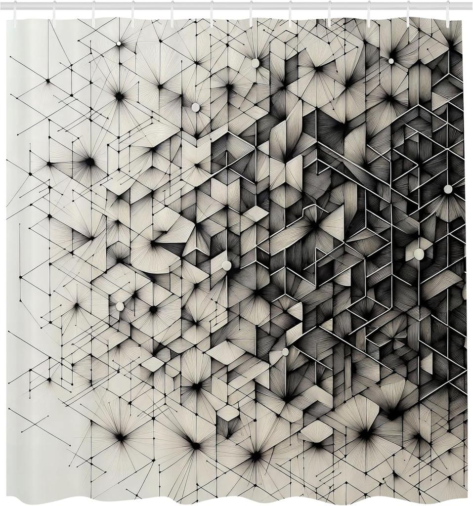 Black and White Shower Curtain, Geometric Design Abstract Connections of Mosaic Look Polygons, Cloth Fabric Bathroom D