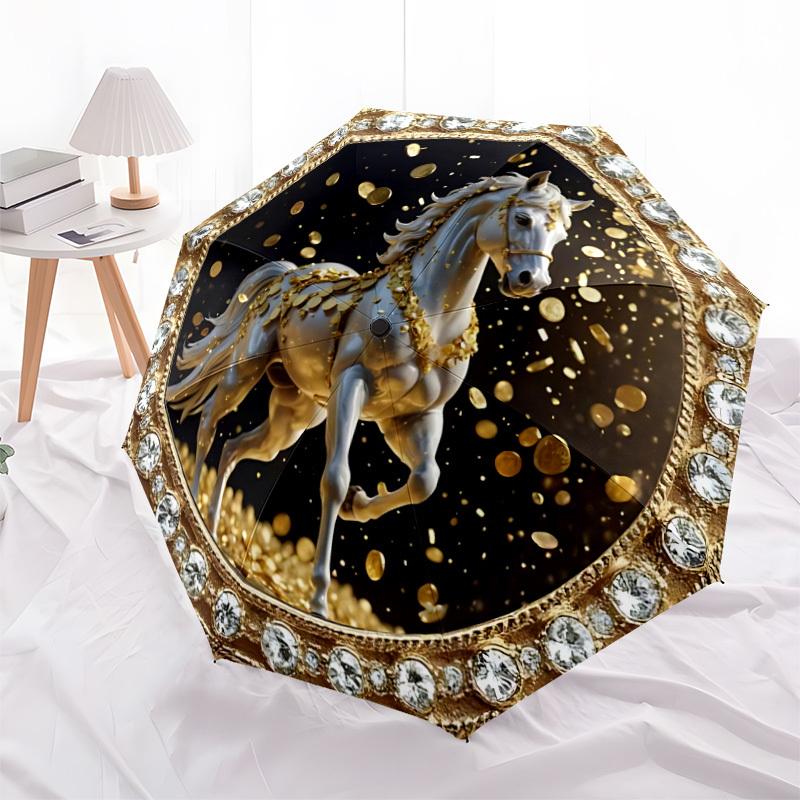 1pc Golden Horse Open/Close Folding Umbrella, All- Portable Umbrella for & Men, Stylish Accessory (Holiday Gift) 8-Rib yy251213162