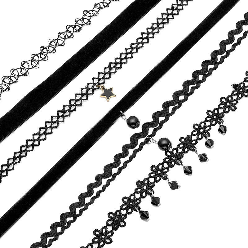 6Pcs Women Black Velvet Choker Necklace Girl Lace Choker Tattoo Necklace Pendant