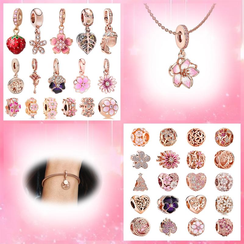 Nuova collezione di fiori scintillanti placcati in oro rosa, ciondolo albero genealogico con fiori di ciliegio, compatibile con braccialetti autentici e accessori fai da te.