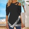 Women's Asymmetrical Sequin Cutout Shoulder Long Sleeve Tunic Top Casual Blouse