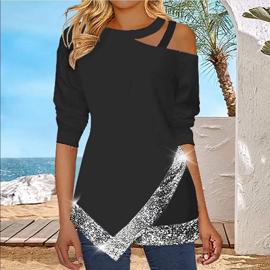 Women s Asymmetrical Sequin Cutout Shoulder Long Sleeve Tunic Top Casual Blouse S