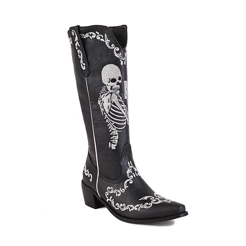 

Plus Size Embroidered Skull Pattern Punk Style Women s Mid Boots Pointed Toe Chunky Heel Plush Embroidered Slip-On Boots 35 чорний