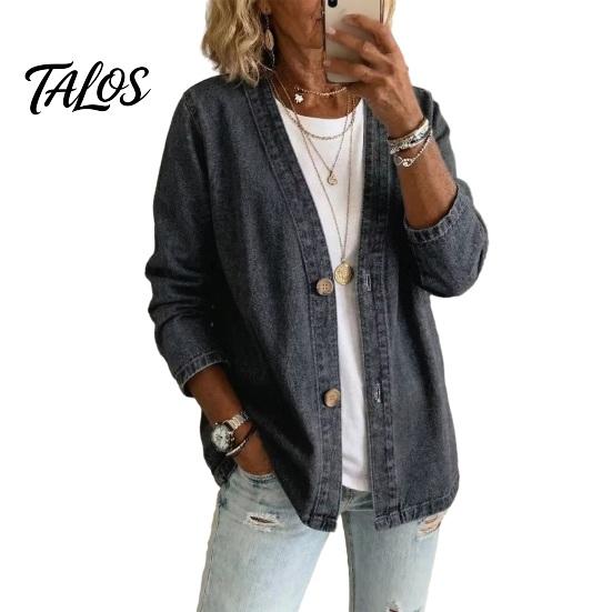 Talos Women's Button Front Faux Denim Jacket, V Neck Long Sleeve Casual Coat, Vintage Loose Fit Imitation Jeans Cardigan