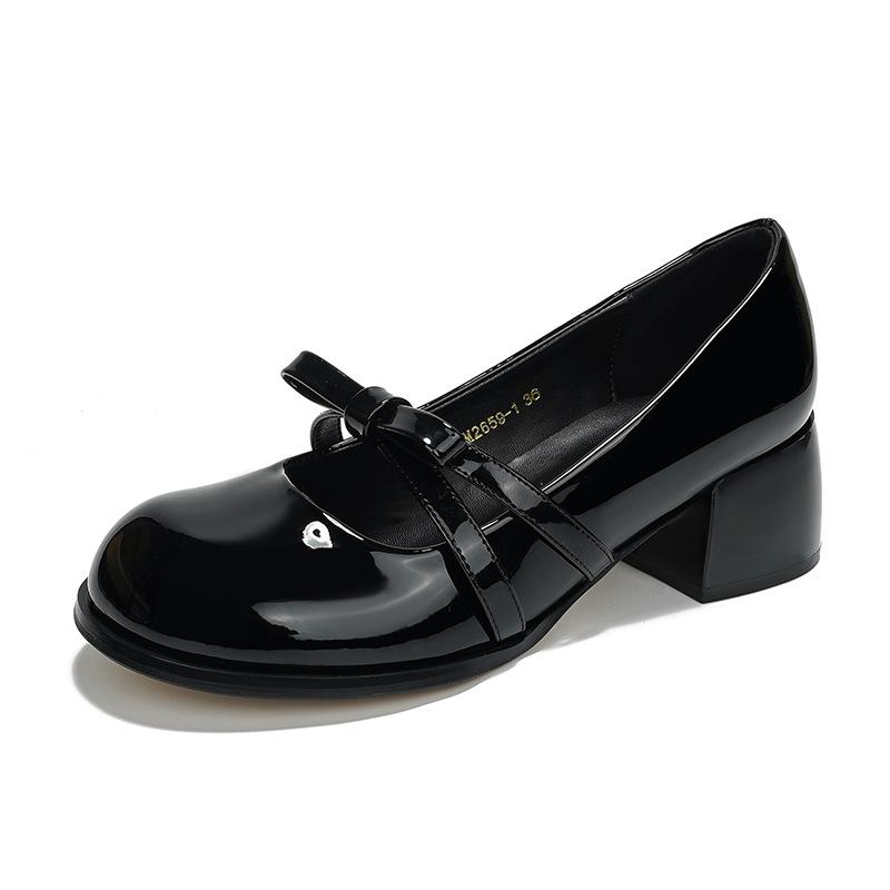 Lackleder Mary Jane Schuhe Dicke Absätze Schleife Niedrig Absatz Lederschuhe Vielseitig Französisches Temperament Runde Spitze Damenschuhe