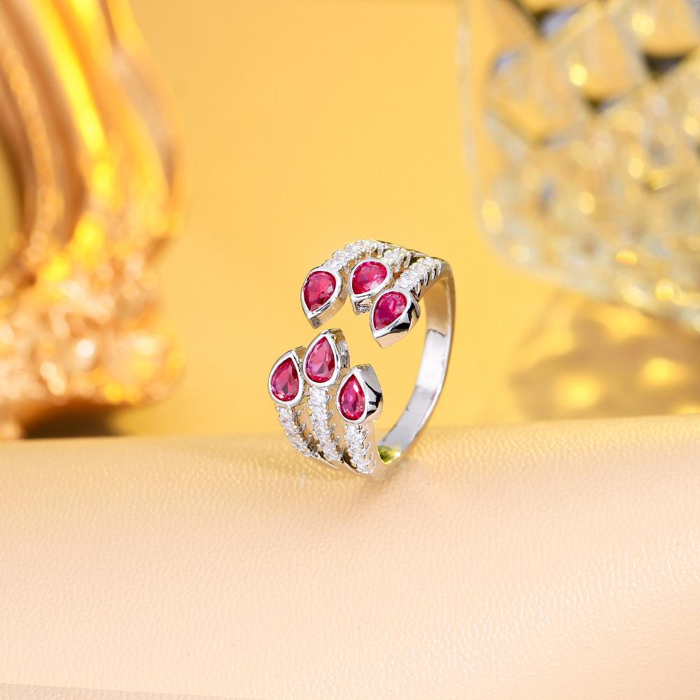 Sweet Water Drop Ruby Ring, Slightly Inlaid Zircon Design, High-End Three-Row Jewelry Ring.