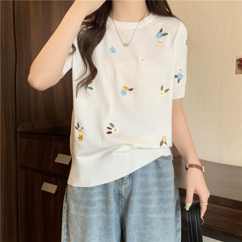 Ice Silk Slimming Temperament Top Women's Design Sense Knitted Shirt Summer Shoulder Short Sleeved T-shirt