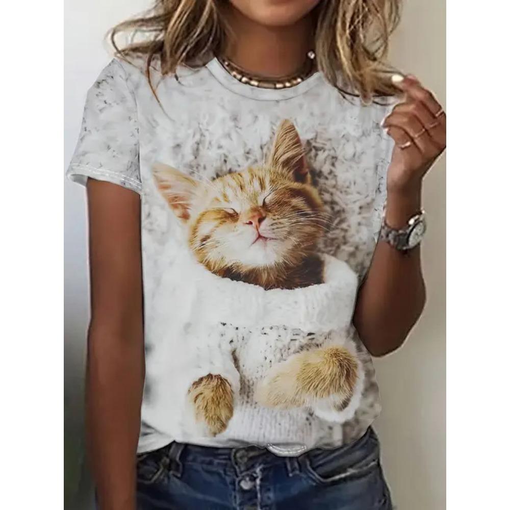 Cartoon Cat T-Shirts Cute Kitten Animal 3D Print Women's Short Sleeve Round Neck T Shirt Tees Harajuku Y2K Tops Female Clothing