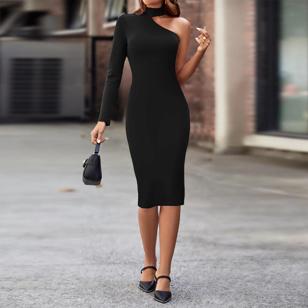 Women s cool intellectual style dress, spring/summer mid-length mid-length dress with a mid-length off-shoulder off-shoulder neckline S