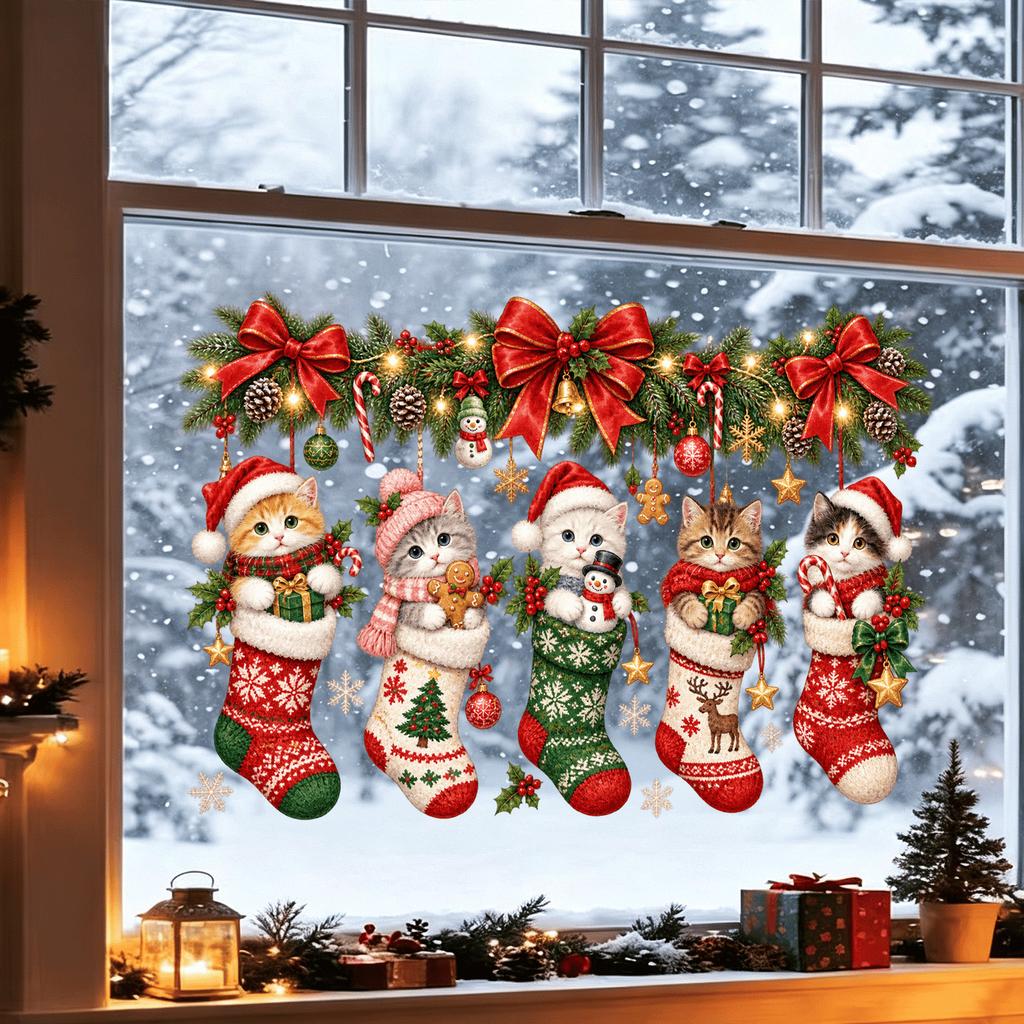 Christmas Stocking, Kitten, Static Cling Sticker, Does Not Damage Glass, Living Room Window