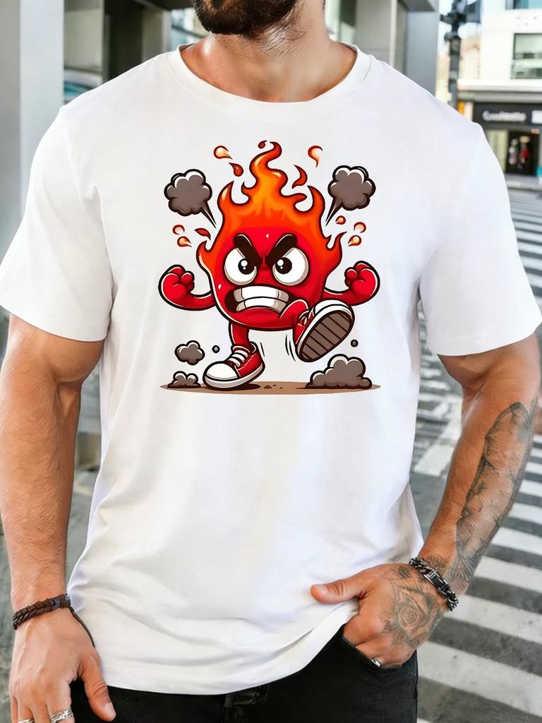 Mad Fire Cartoon Mascot Print Unisexs Soft Cotton Crew Neck Short Sleeve Tee Loose Casual Summer Outdoor Daily Street Wear For Unisex