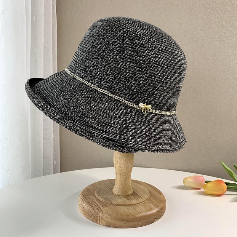 Elegant diamond-encrusted straw weaving sunscreen hat for women's summer travel foldable crimped straw hat casual sunshade cool hat tide