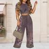 Women Plus Size Round Neck Short Sleeve Heart Printed Crop Top Wide Leg Pants Two Piece Set