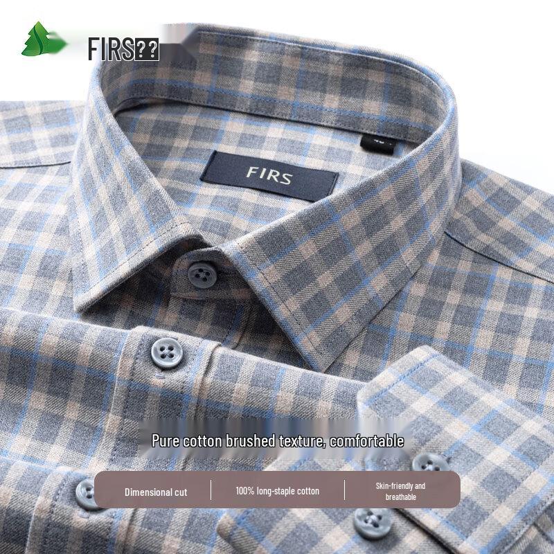 FIRS Men's Pure Cotton Brushed Plaid Long-Sleeve Shirt