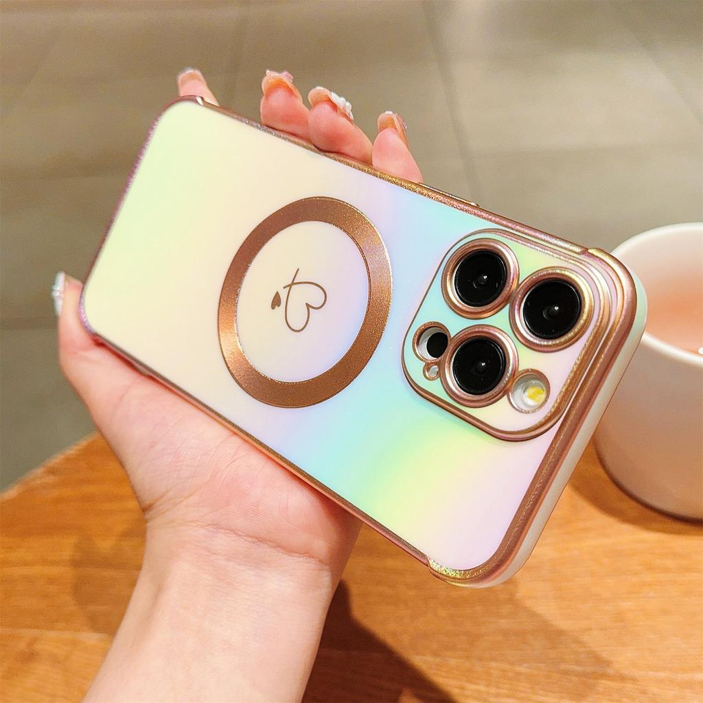 For iPhone 13 Pro Magnetic Case TPU Phone Cover Love Hearts Rainbow Raised Lens Protection