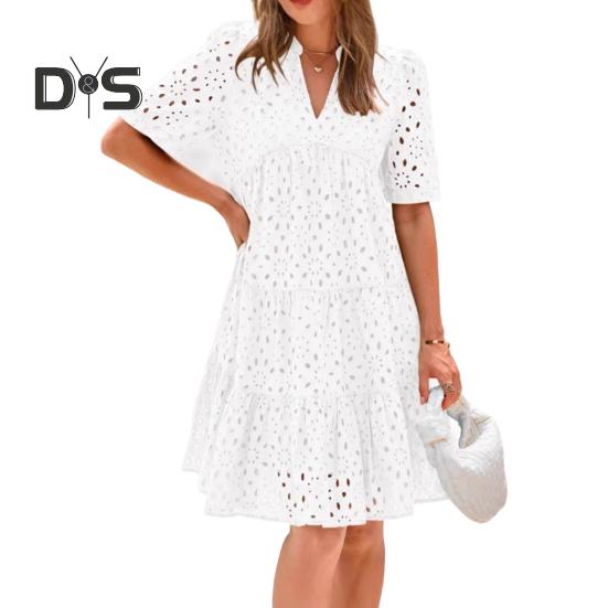 

Женское платье с вырезами, повседневное, с коротким рукавом, V-образным вырезом, миди-платье, летнее пляжное многоуровневое струящееся платье А-силуэта XL белый