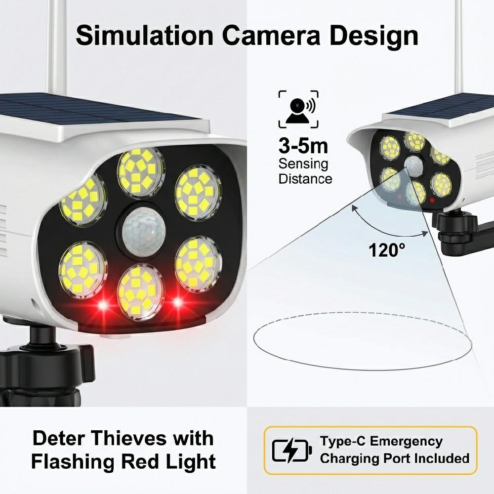 Solar Powered Virtual Camera Safety Light, Two-way Fixture, Multi Style Motion Sensor Waterproof Fence Outdoor Platform Floodlight