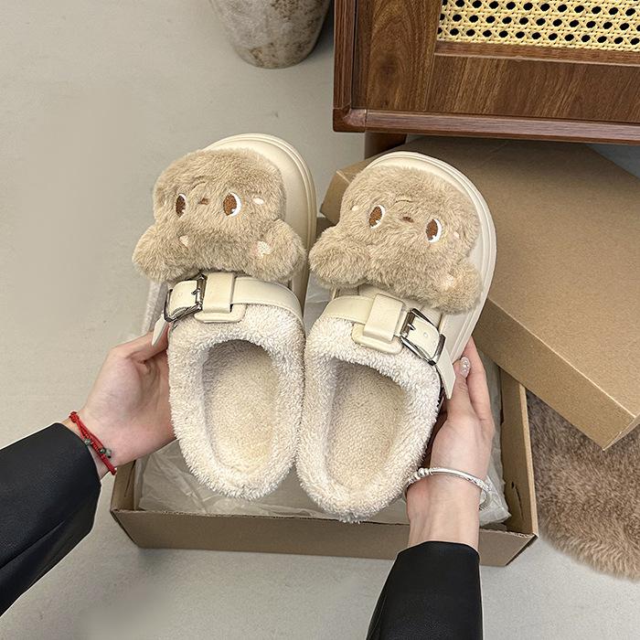 Women's Baotou plush slippers padded warm winter thick bottom heightened home slippers casual walking indoor shoes snow cotton slippers