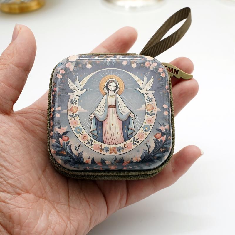 7X7Cm Virgin Mary Jesus Prayer Rosary Bag Religious Jewelry Storage Box Articulos Religioso