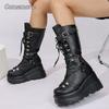 Fashion Punk Style Platform Motorcycle Boots Women Fashion Rivet Buckle Decor Black Booties Woman Thick Sole Wedge Heel Mid Calf Boots