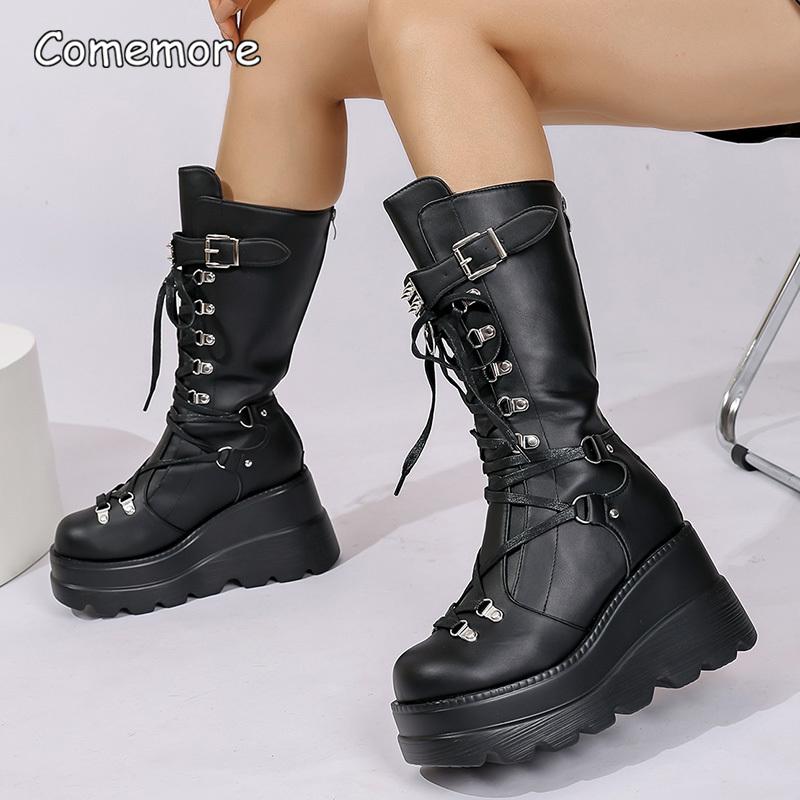 Fashion Punk Style Platform Motorcycle Boots Women Fashion Rivet Buckle Decor Black Booties Woman Thick Sole Wedge Heel Mid Calf Boots