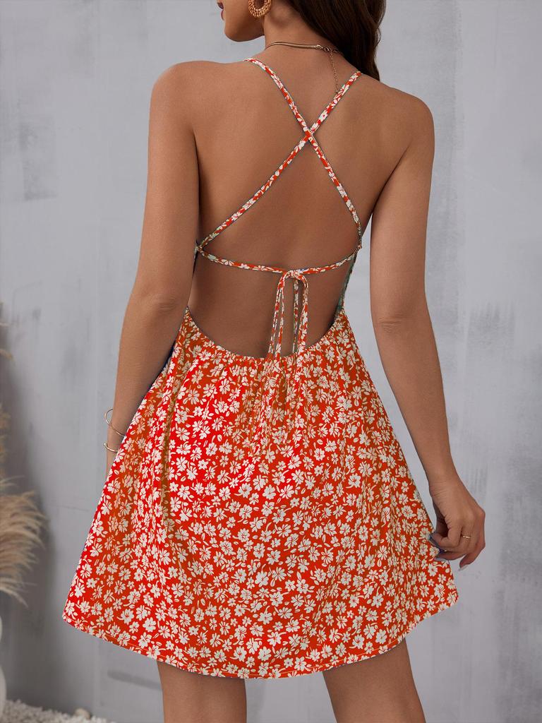 Auf Lager: 2025 Neues Europäisches und Amerikanisches Schlankes Floral-Spaghettiträger-Rückenfreies Kurzes Kleid - Frühling/Sommer