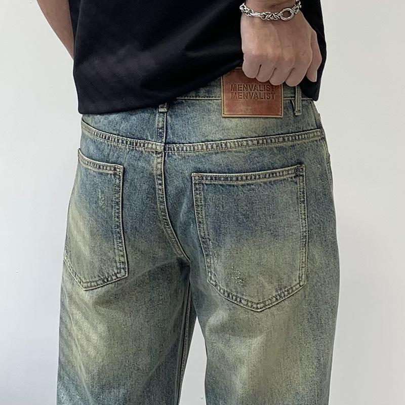 Patch Ripped Jeans Men's American High Street Vintage Old Beggar Wind Straight Loose Daddy Denim Pants