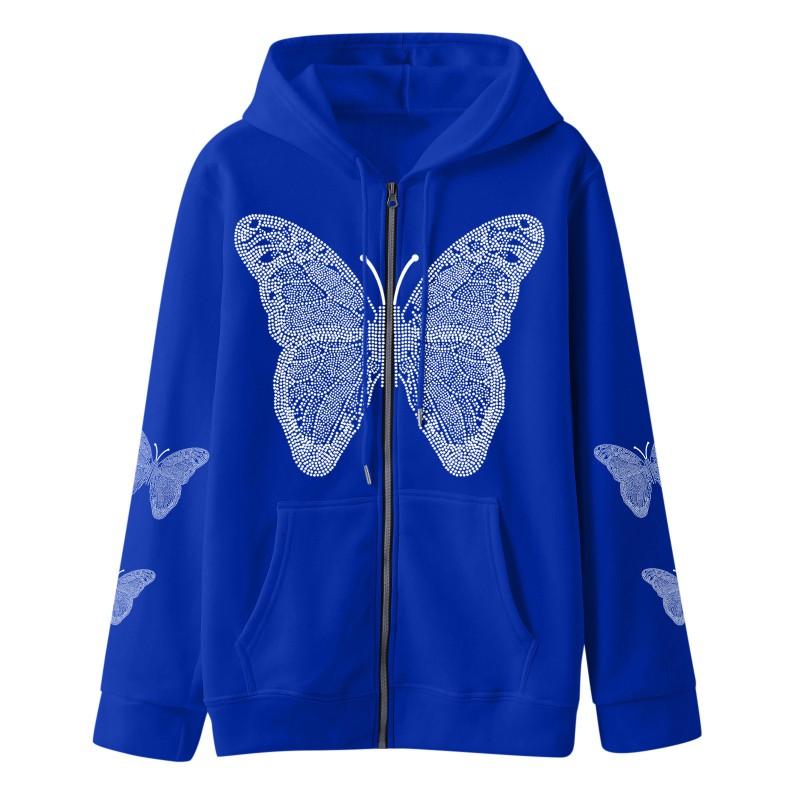 Womens Butterfly Print Zip Hoodie Streetwear Casual Comfort Loose Fit Sweatshirt