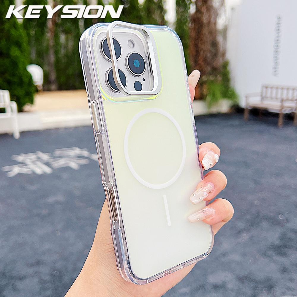 KEYSION Colorful Gradient Magnetic Lens Stand Case for iPhone 11 12 13 Pro Max for MagSafe TPU+PC Shockproof Back Cover