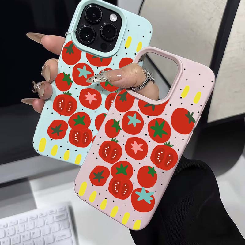 Case For iPhone 11 12 13 14 15 16 Pro Max New Ins Creative Tomato Print Lichee Pattern Cover For iPhone XS Max X XR 16 Plus 16e