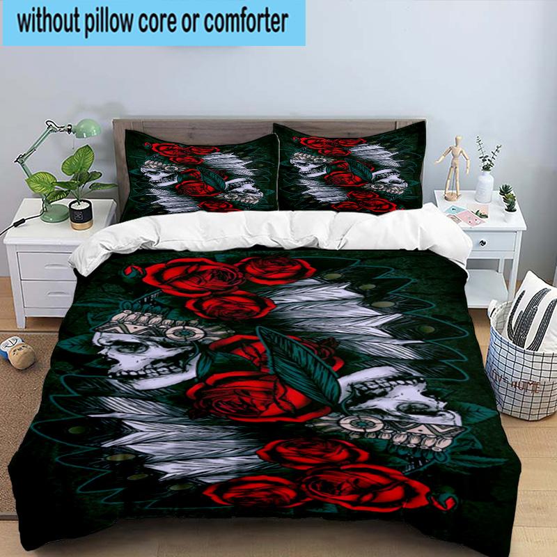 Skulls And Roses Artwork 3pcs Bedding,Including 1pc Duvet Cover And 2pcs Pillowcases Perfect for Christmas,Ideal for Bedroom, Dormitory