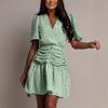 A New Summer Solid-color V-neck, Cinched Waist, Short-sleeved, Checkered, Fashionable and Casual Pleated Short Skirt