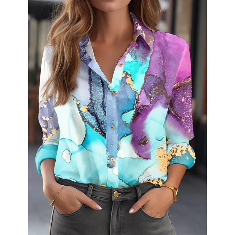 Women's Multicolor Geometric Splicing 3D Print Long Sleeve Shirt, Women's Vacation Shirt