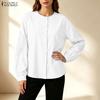 ZANZEA Women Casual Round Neck Lace Trim Splice Long Sleeve Loose Blouse