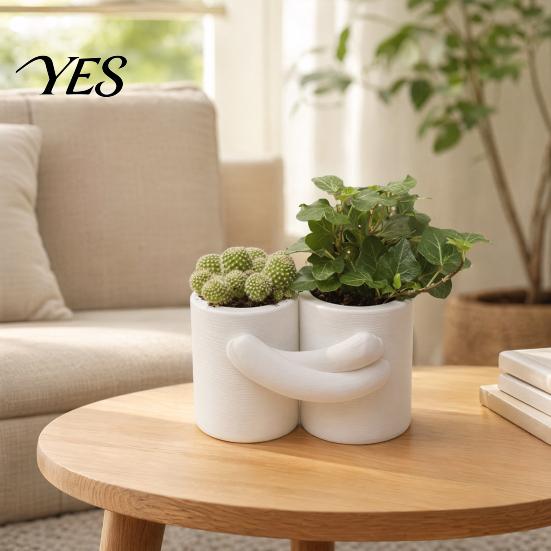 Vaso per Cactus Abbraccio Design Fioriera, Texture Bianca Opaca Stampato 3D Doppia Vasca Atmosfera Rilassante Fioriera, Stile Nordico Piccola Pianta Verde per