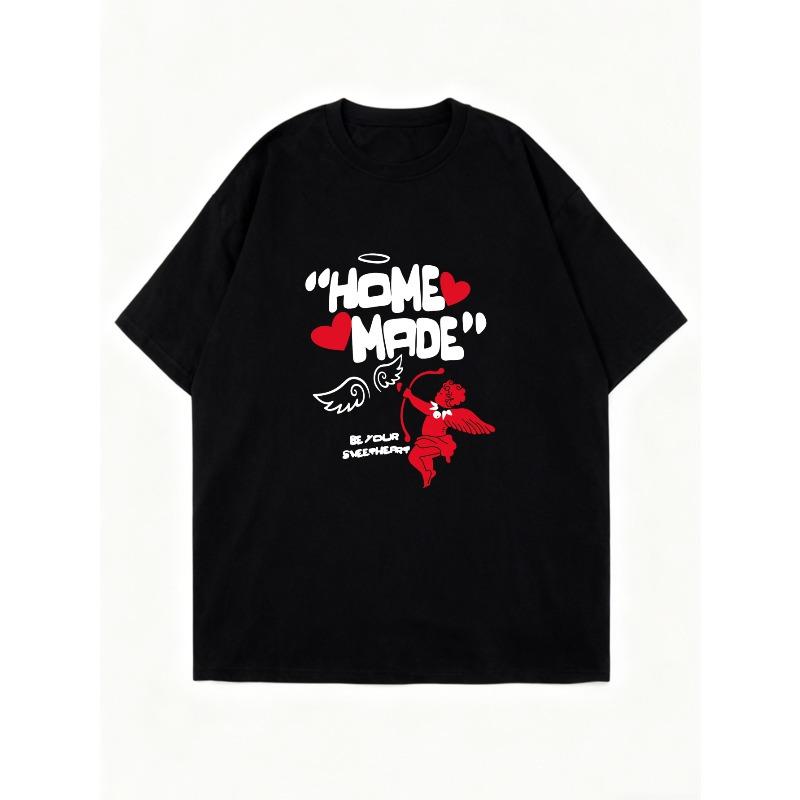 Oversized T Shirt Black Homemade With Heart And Angel Print For Casual Wear