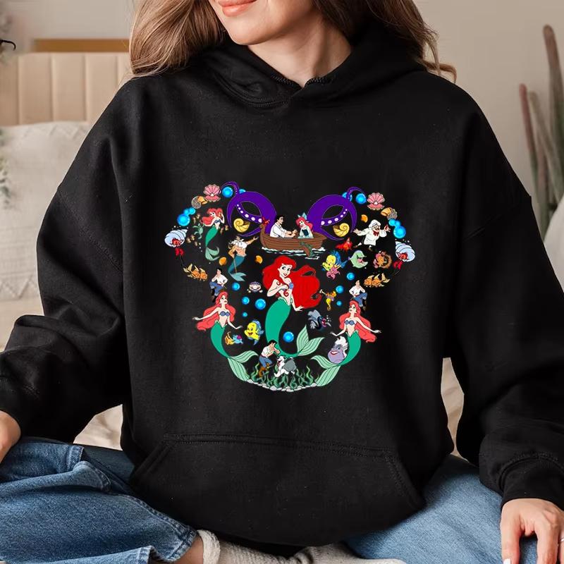 Disney Parent-child Outfits for Girls, Little Mermaid Printed Women's Multi-color Hoodie, Casual Sportswear, Loose Top