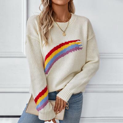 Lässiger Langarm-Pullover mit Rundhalsausschnitt für Damen, Herbst/Winter, bedruckt, übergroßer Strickpullover, Oberteile, weicher Jacquardpullover für Damen
