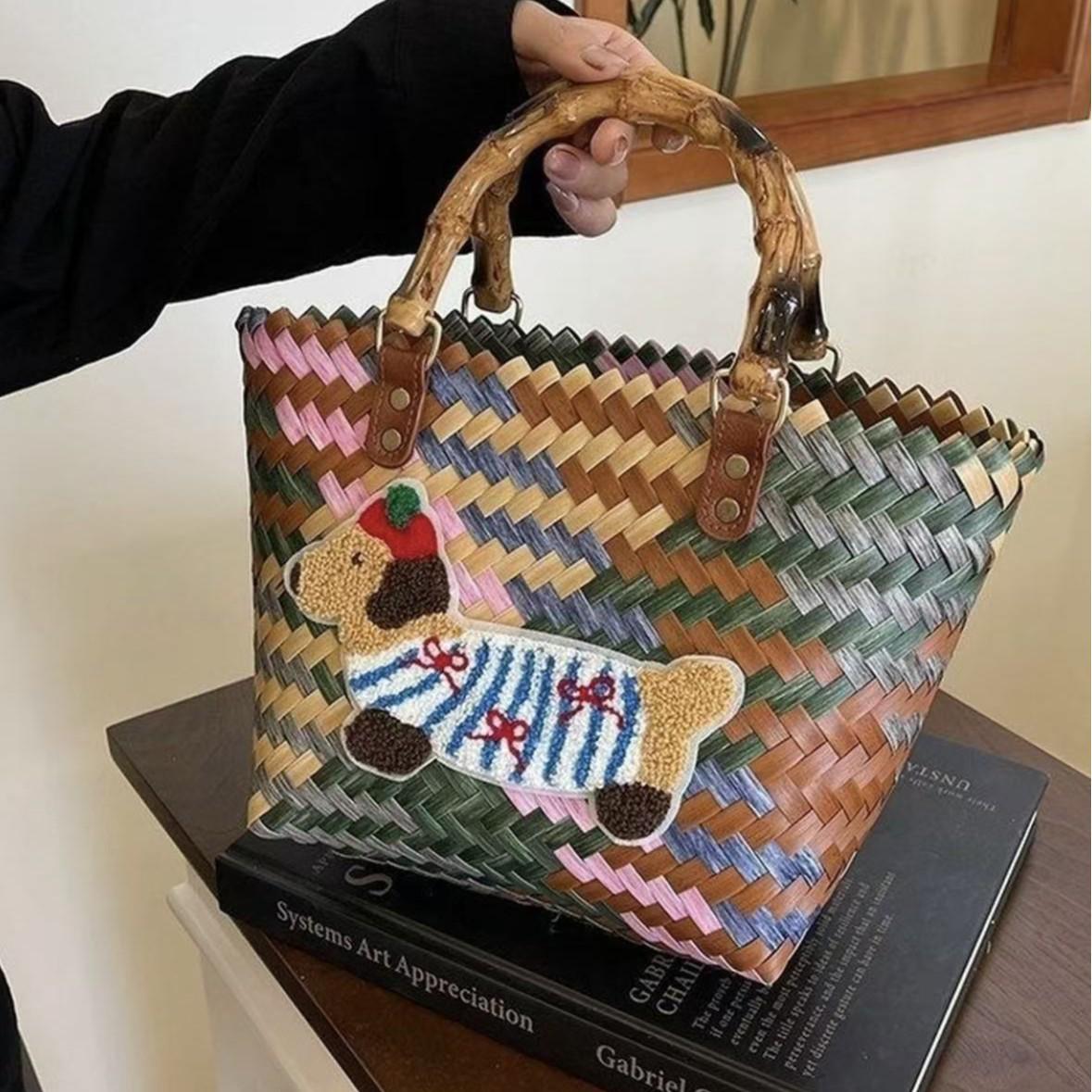 

Ручна робота Мультяшний такса Вишитий кошик для овочів Сумка