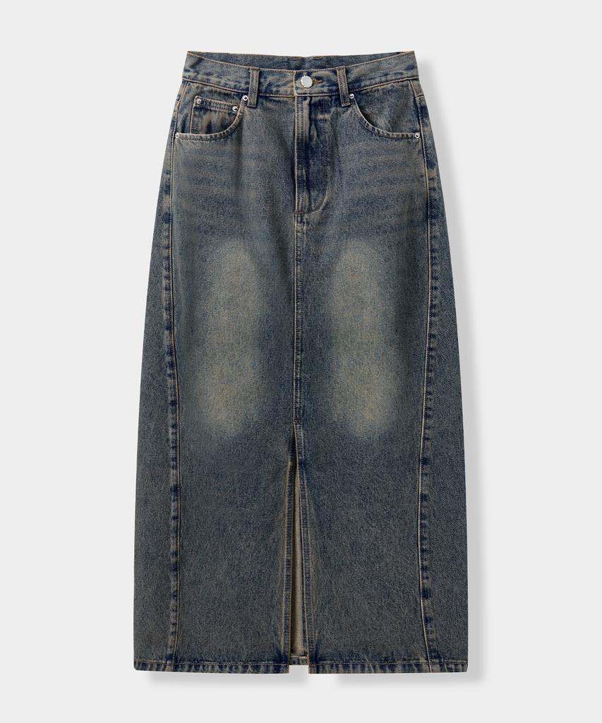 Yujen Slit Washed Denim Long Skirt_Dust Indigo