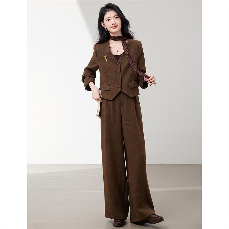 Elegant Old Money Style Women's Wool Blend Commuter Set with Wide-Leg Pants