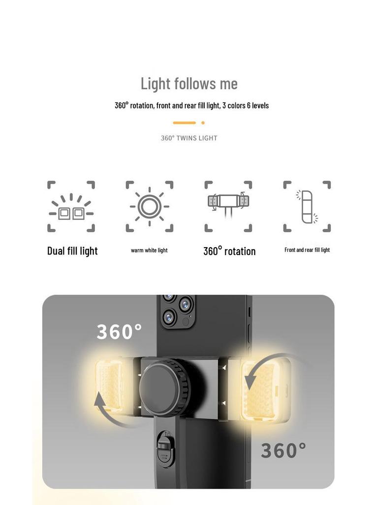 ZACH 360° Selfie tyč a stabilizátor gimbalu s duálním přisvětlením