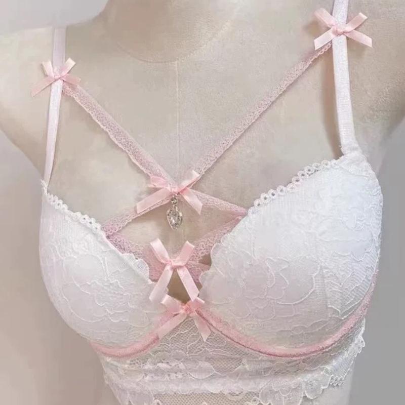 Women Lavender Lace Bra With Multiple Bows And Cross Straps
