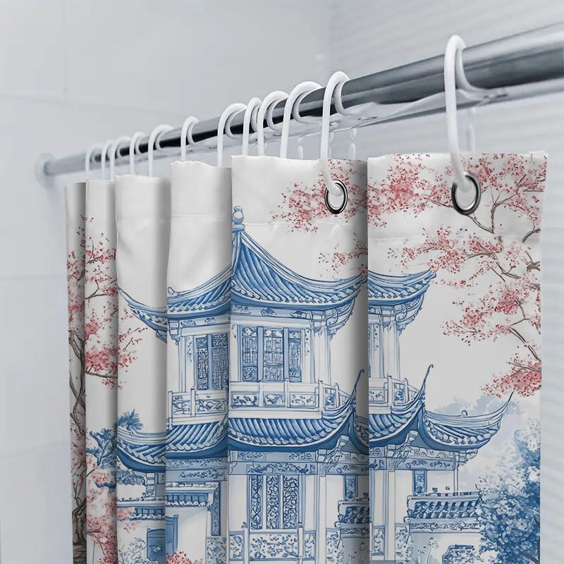 Elegant Blue And White Chinese Garden Shower Curtain With Cherry Blossoms - Artistic Home Decor For Bathroom Complimentary Hook