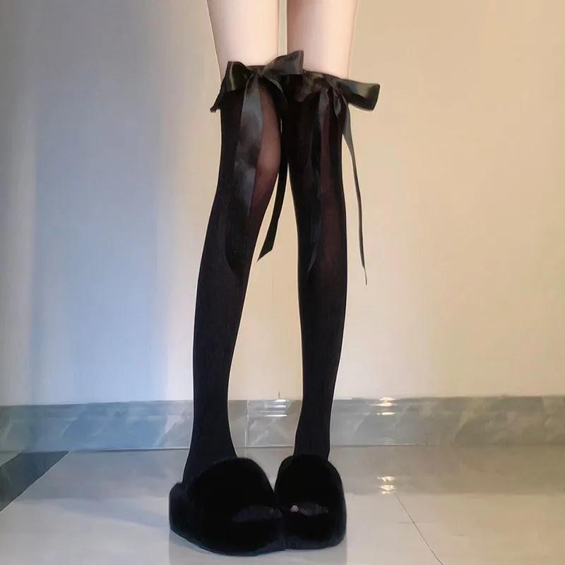 3 Pairs Women's Summer Thin Velvet Bowknot Ribbon JK Thigh High Stockings Sweet Lolita Princess Style Sheer Overknee Socks