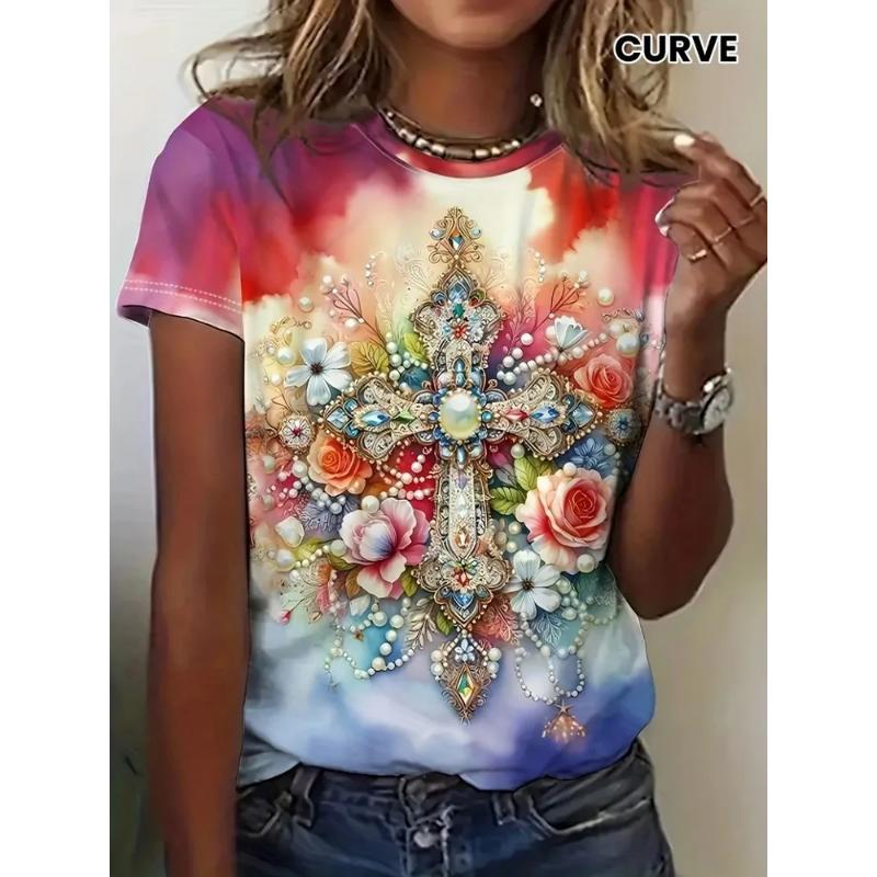 Modisches Damen Rundhals-T-Shirt Rundhals Kurzarm 3D Farbdruck