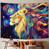Lion Tapestry Wall Hanging  Medieval Galaxy Space Starry Sky African Animal Watercolor Art Peach Light Beige Fabric Horizontal