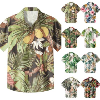 Mens Short Sleeve Button Down Shirt with Tropical Leaf Print Casual Loose Fit Lightweight Summer Top