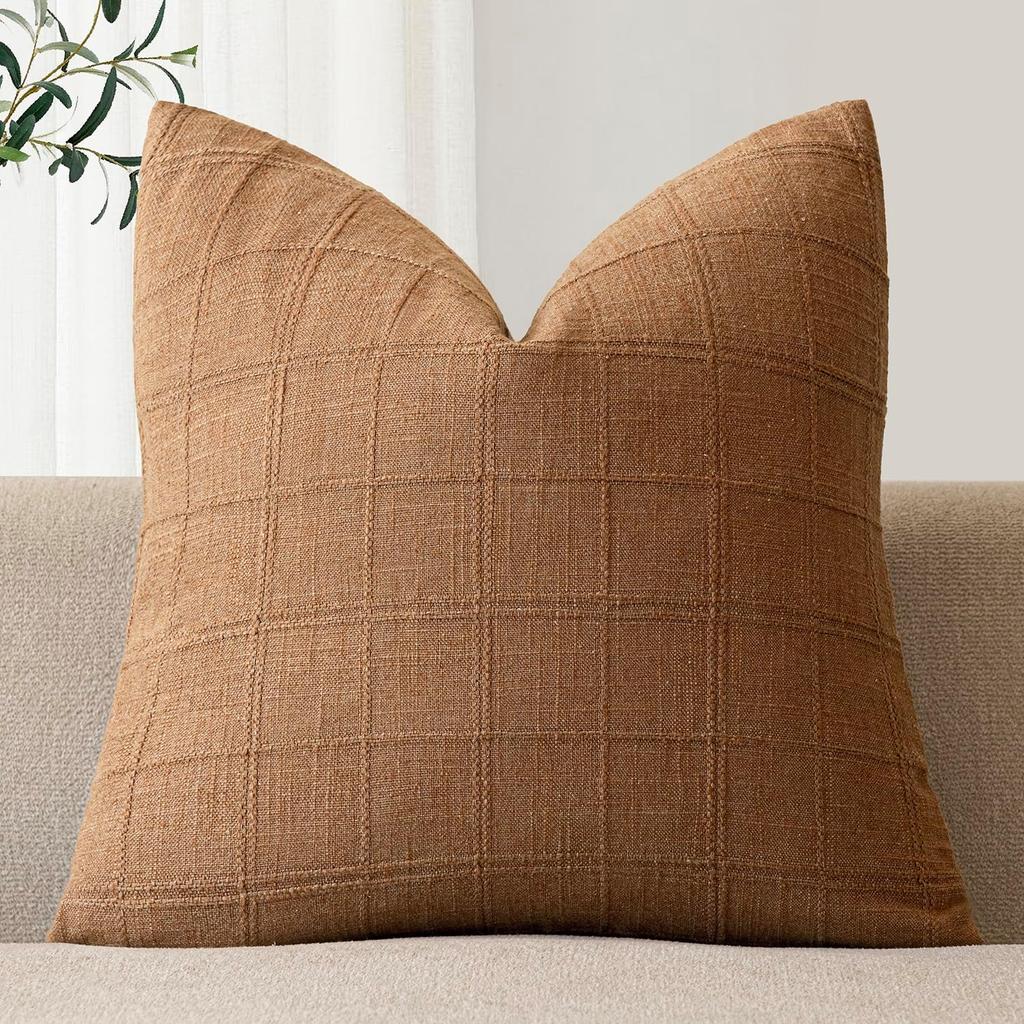 Beige Leinen Karomuster Kissenbezüge Boho Bauernhaus Vintage Neutraler Kissenbezug Heimdekoration für Sofa Stuhl Schlafzimmer Wohnzimmer